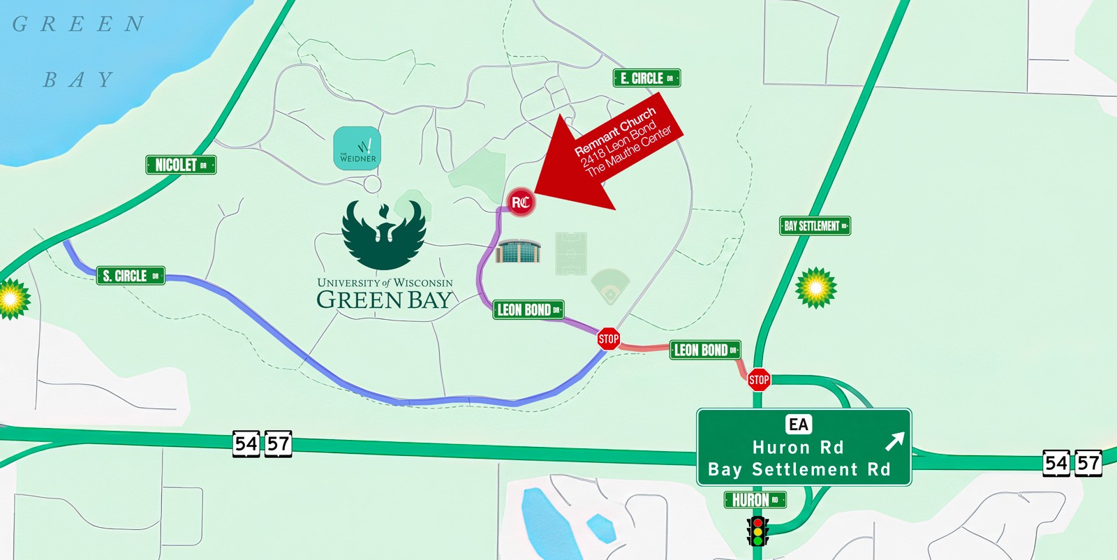 Map to Remnant Church at The Mauthe Center, 2418 Leon Bond, UW–Green Bay