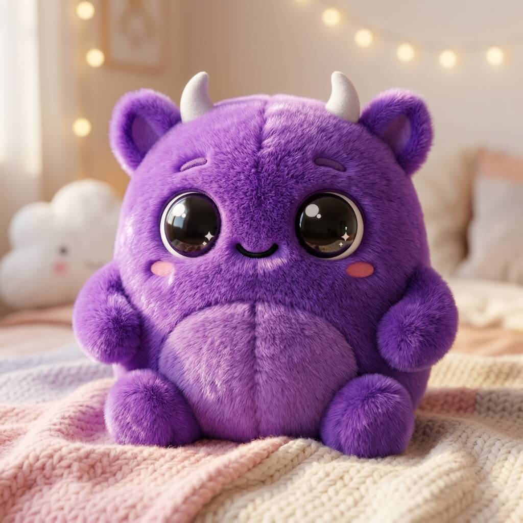 A cute monster avatar made entirely of purple faux-fur, big glossy eyes, soft lighting, "Squishmallows" inspired, high-quality fabric texture.