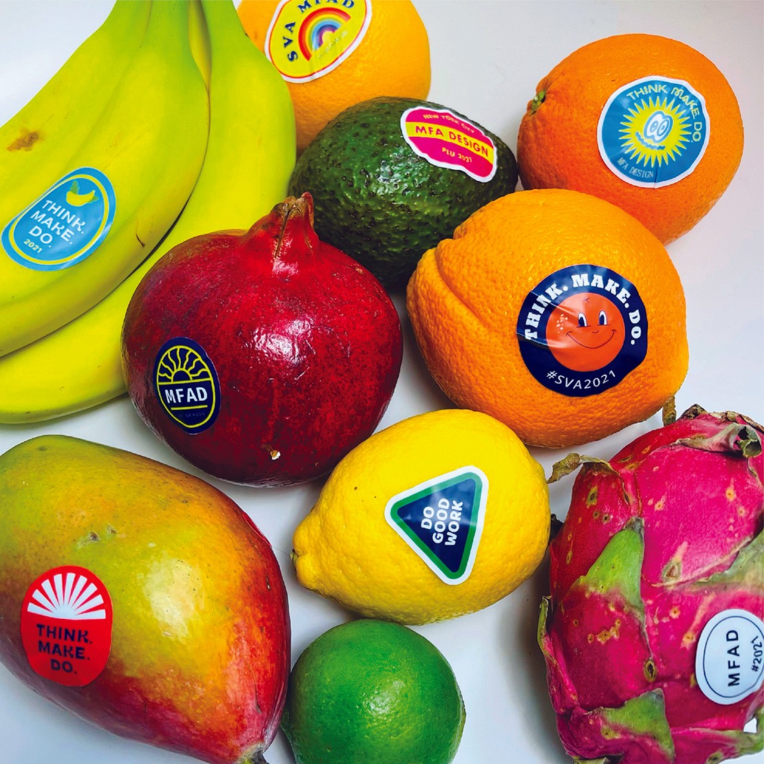 pomegranates, apple, mango, orange, banana, avocado, etc. with think make do stickers