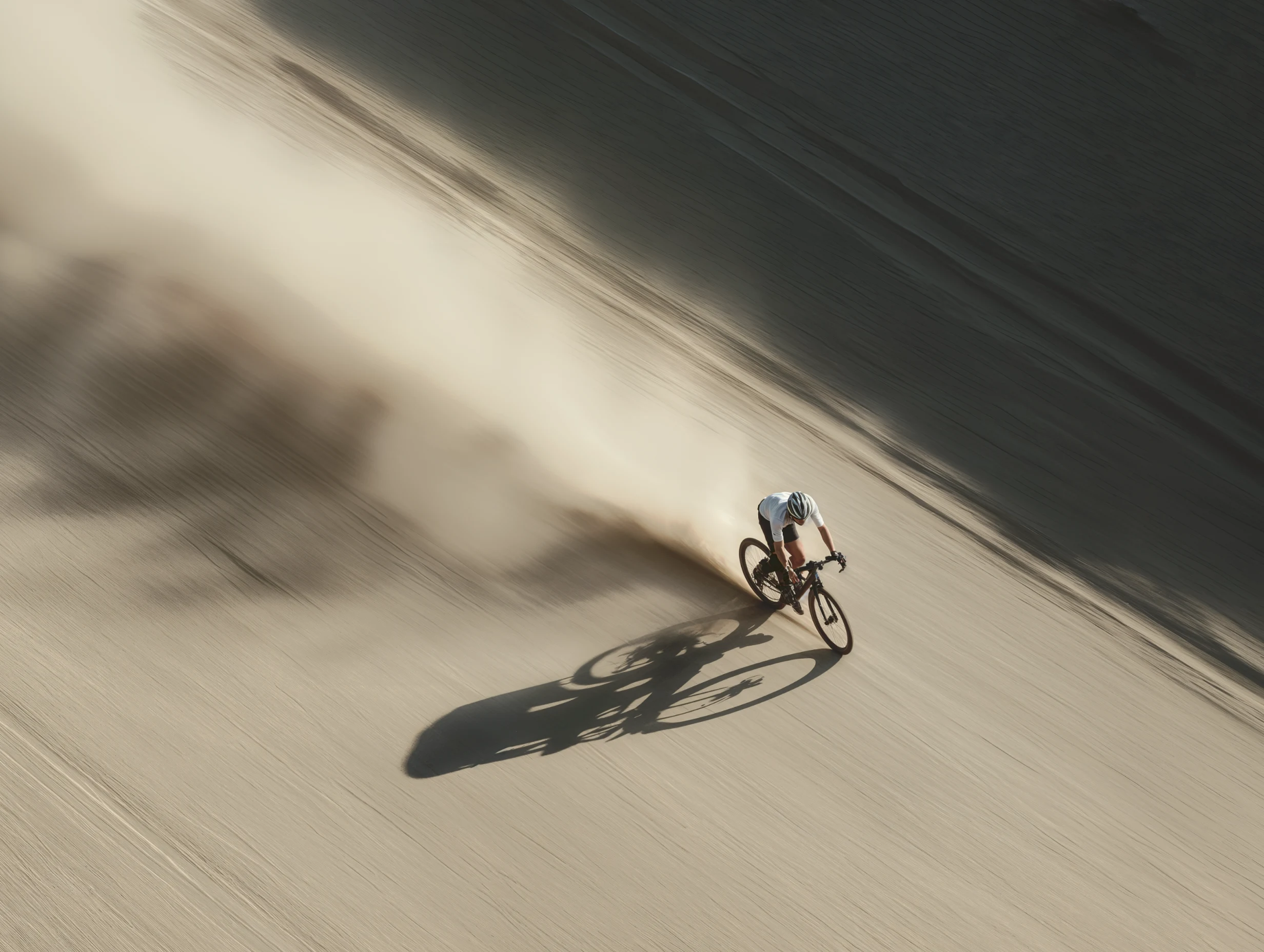 Aerial view of a cyclist riding across sand with dust trailing behind