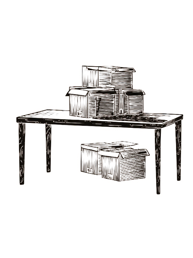 desk with moving boxes drawing