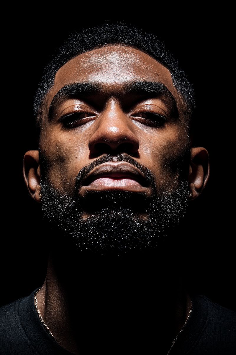 Close-up portrait of a man with a beard and dramatic lighting, emphasizing his facial features against a black background.