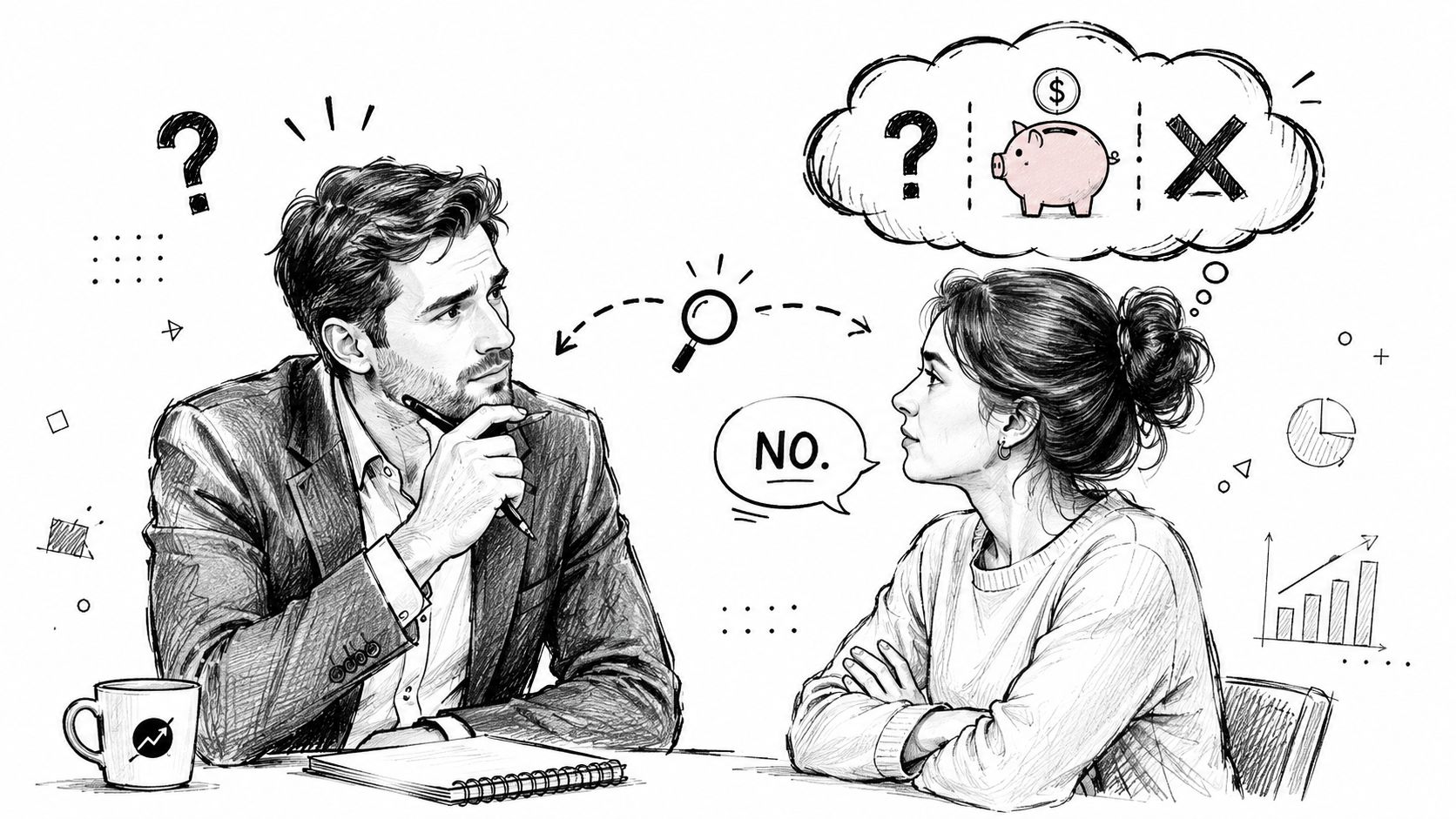 Een man en vrouw in een zakelijk overleg die verschillende meningen over financiële besluitvorming bespreken.