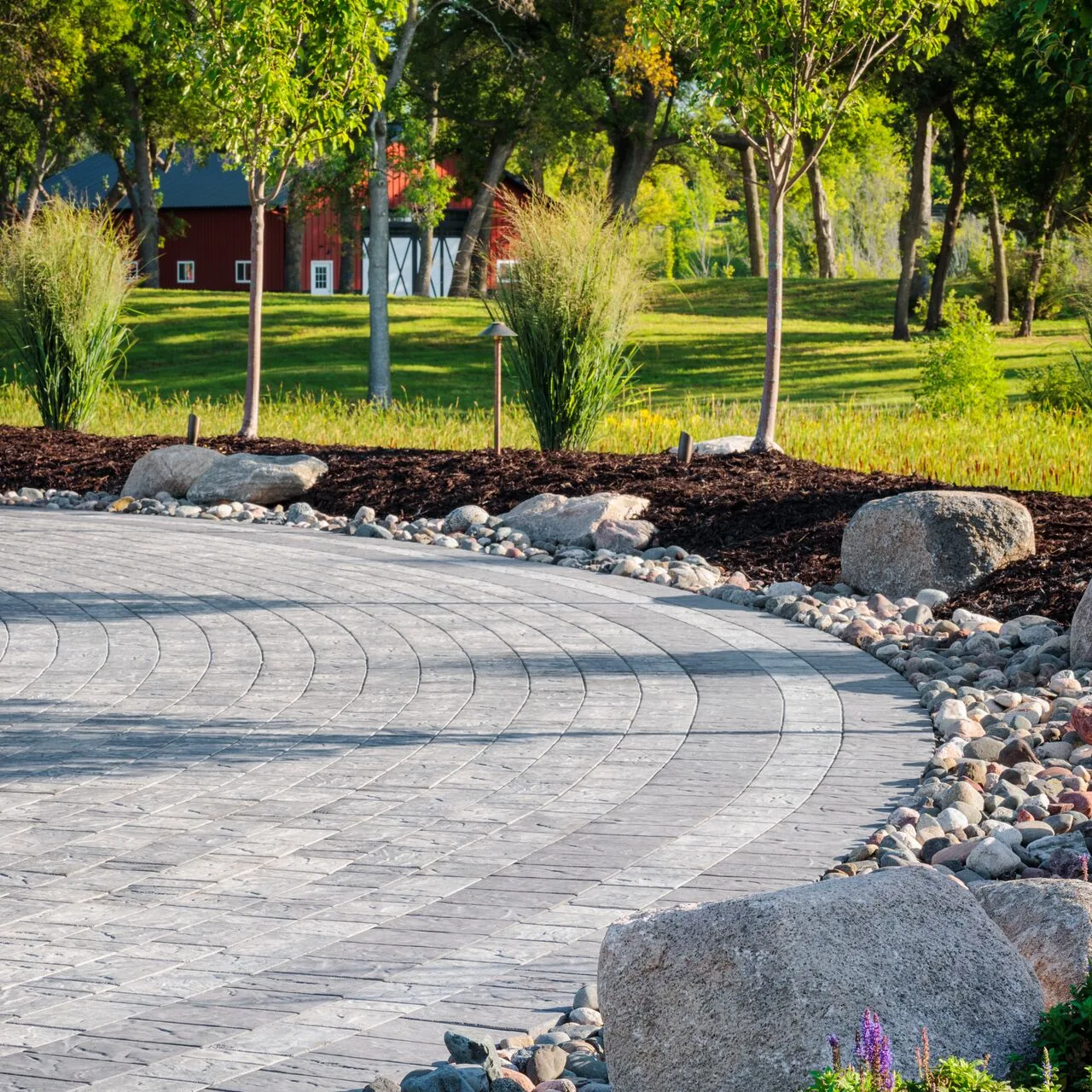 A curved finished edge Curving gray paver driveway with a broad border beside rock mulch and garden trees.