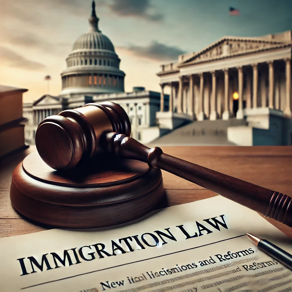 A gavel placed on top of a document labeled 'Immigration Law,' with the U.S. Capitol building blurred in the background, representing the impact of new immigration laws and reforms.