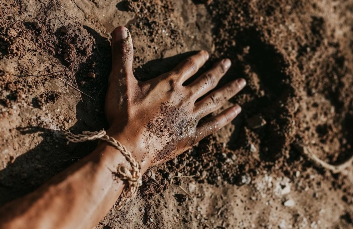 A rustic outdoor dining table set with wine glasses, cutlery, bread, and olives sits amidst lush vineyard rows, with a historic Tuscan villa in the background under a serene sky, capturing the essence of a picturesque Italian countryside landscape.
