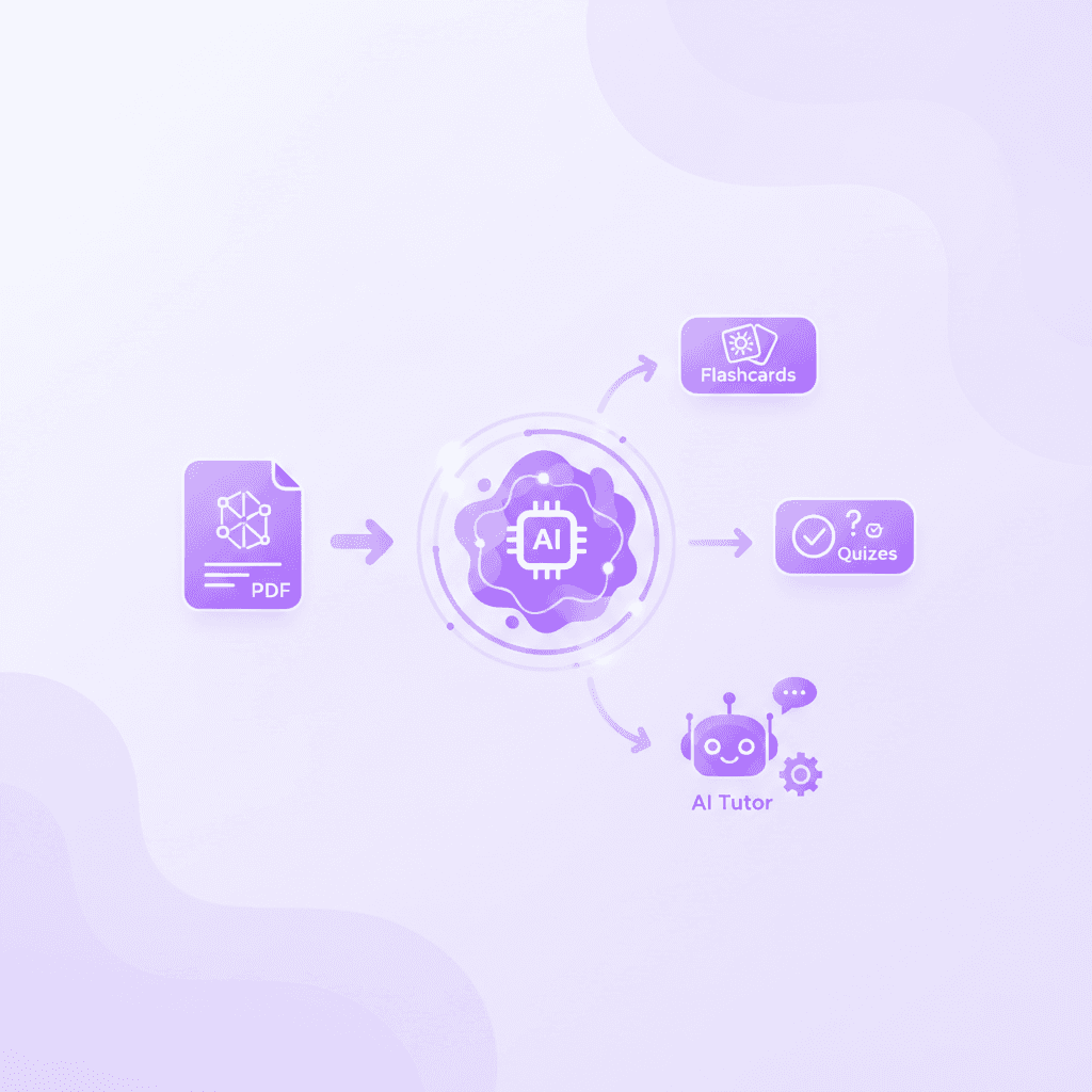 Flowchart illustrating the study process: A document (PDF) points to an AI engine, which then branches out into three outputs: Flashcards, Quizzes, and an AI Tutor icon.