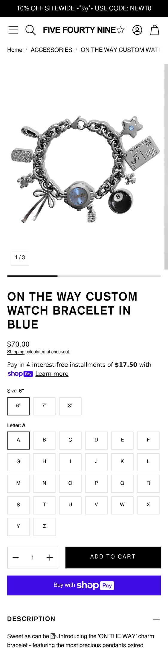 Jewelry product options include: bracelet, pendant, chain for ON THE WAY CUSTOM WATCH BRACELET IN BLUE from FIVE FOURTY NINE.