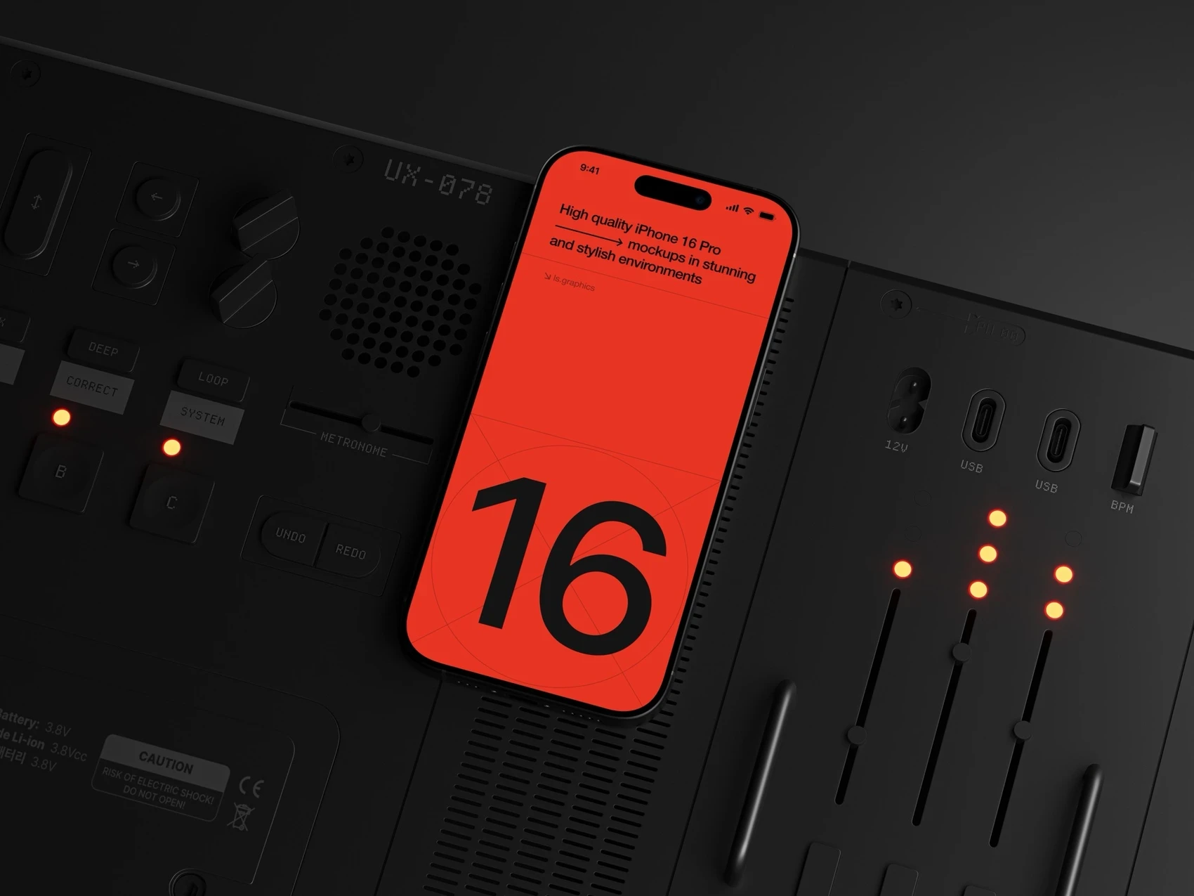 iPhone 16 Pro mockup on a professional audio mixer for creative portfolio