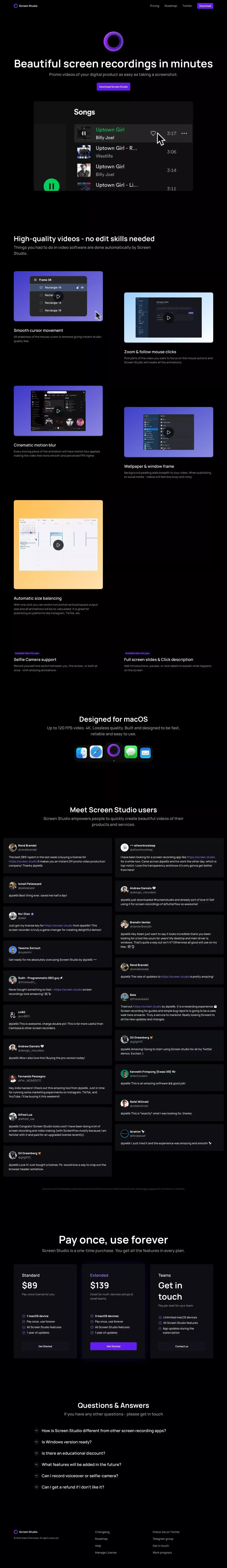 Screen Studio landing page screenshot showcasing Design and Tech design