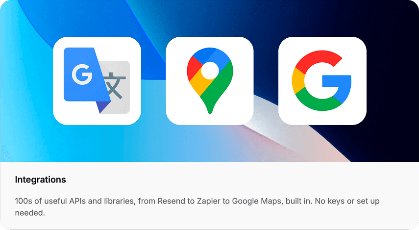 Anything's built-in integrations panel showing 100+ available integrations including Claude, Stripe, and Google Maps