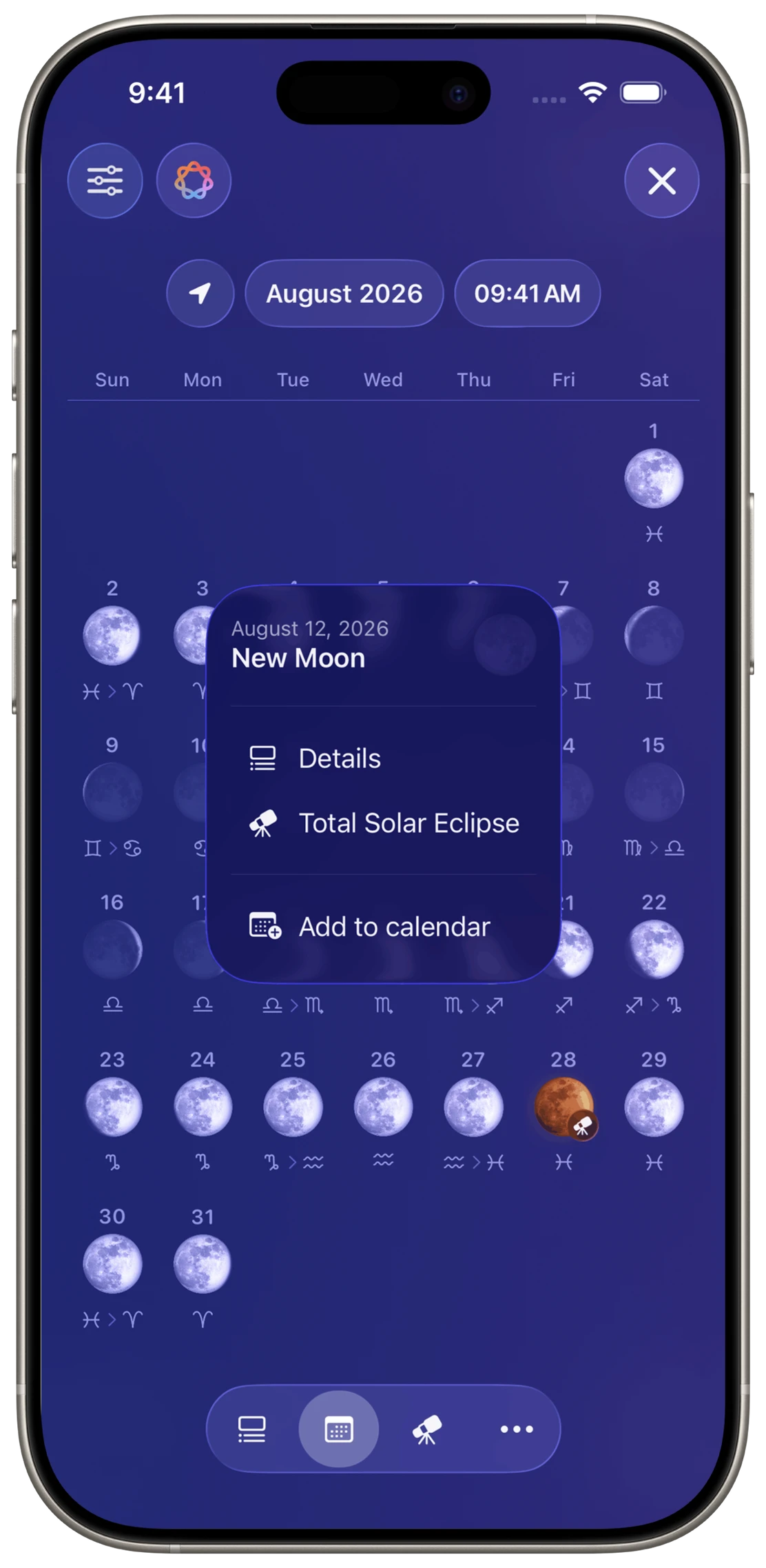 Moonlitt lunar calendar showing Moon phases and an upcoming solar eclipse