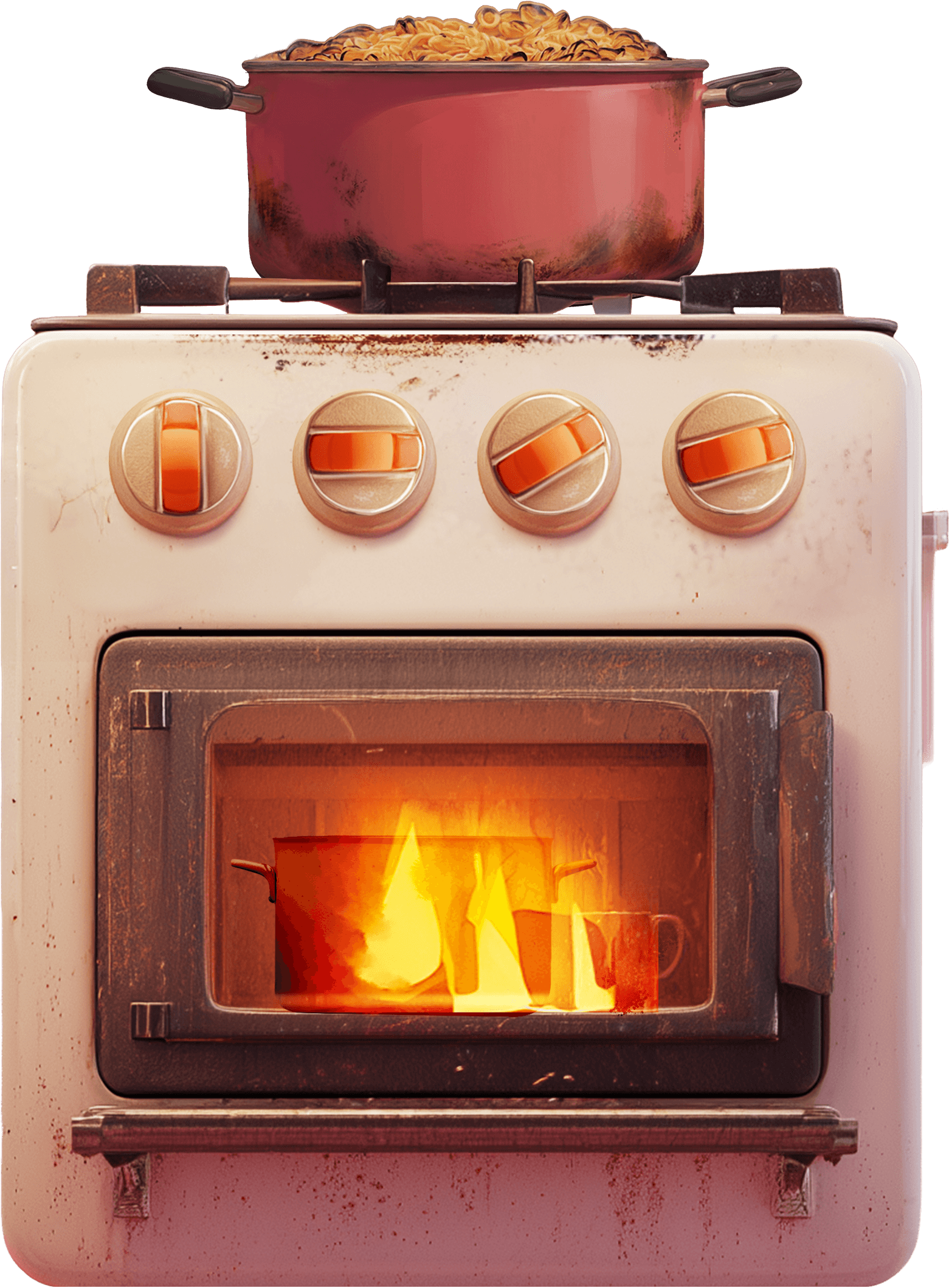 an illustration of a stove with a burning pasta pot on top and some burning cups inside