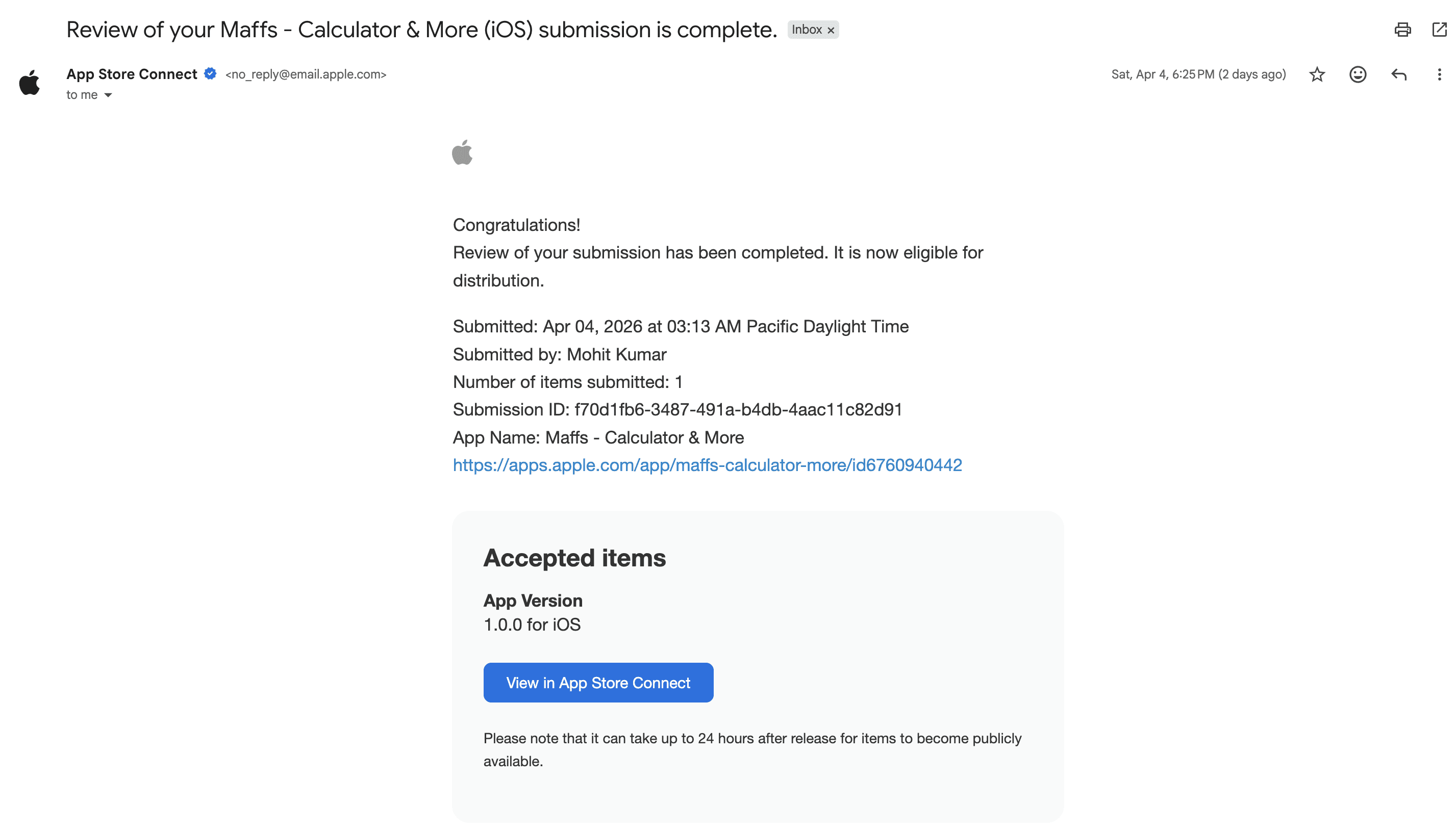 App Store Connect email showing Review Completed — Maffs 1.0.0 approved and eligible for distribution