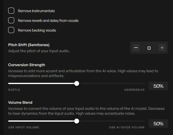 Advanced settings of the conversion feature