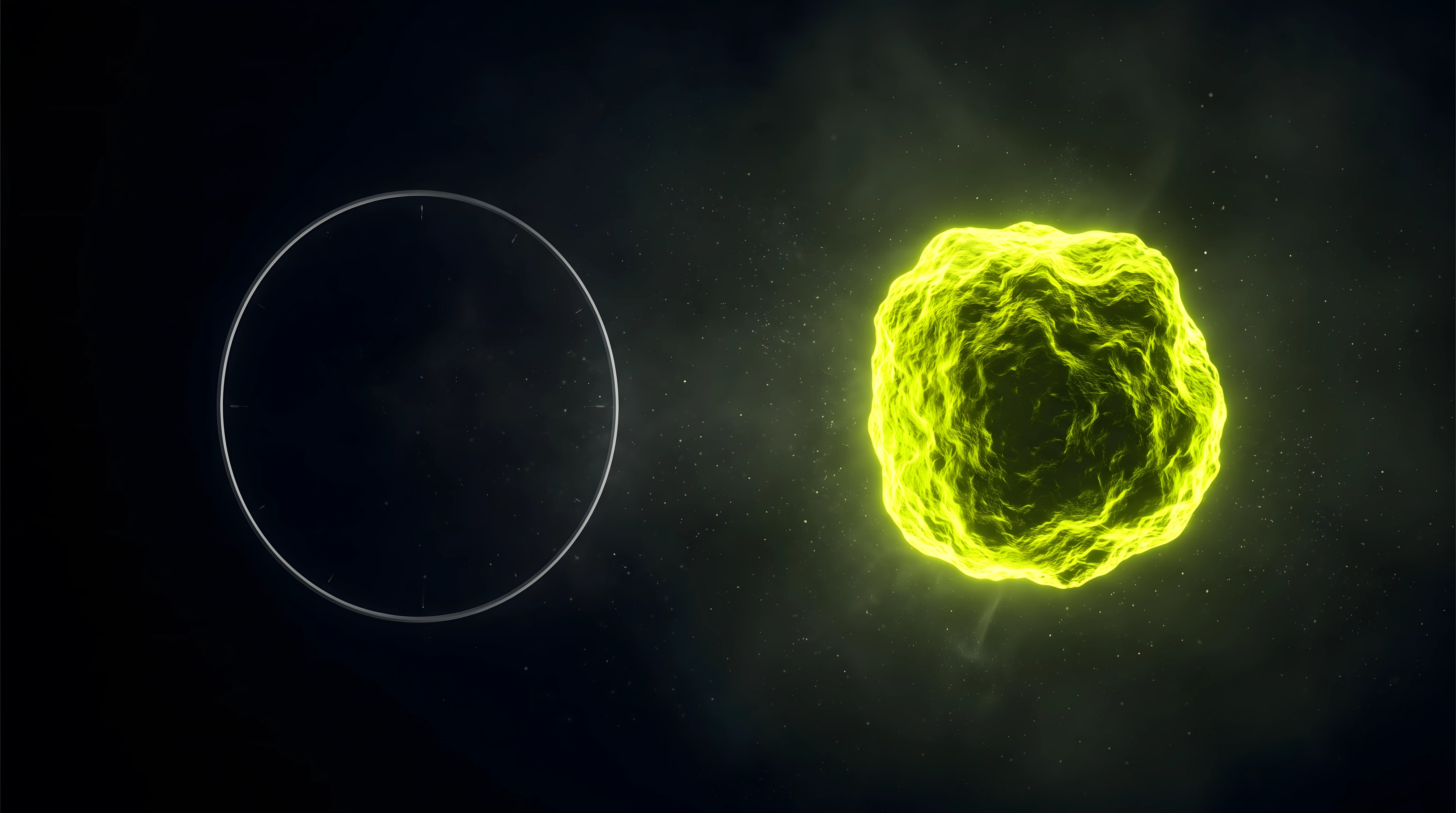A single dense glowing toxic lime form balanced against a faint chrome clock-like circular shape on deep void background, representing value priced on output rather than time.