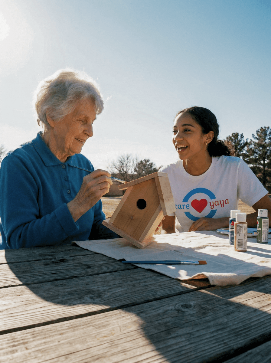 Older adult woman paints a bird bos at a picnic table outside next to smiling young woman in CareYaya T-shirt