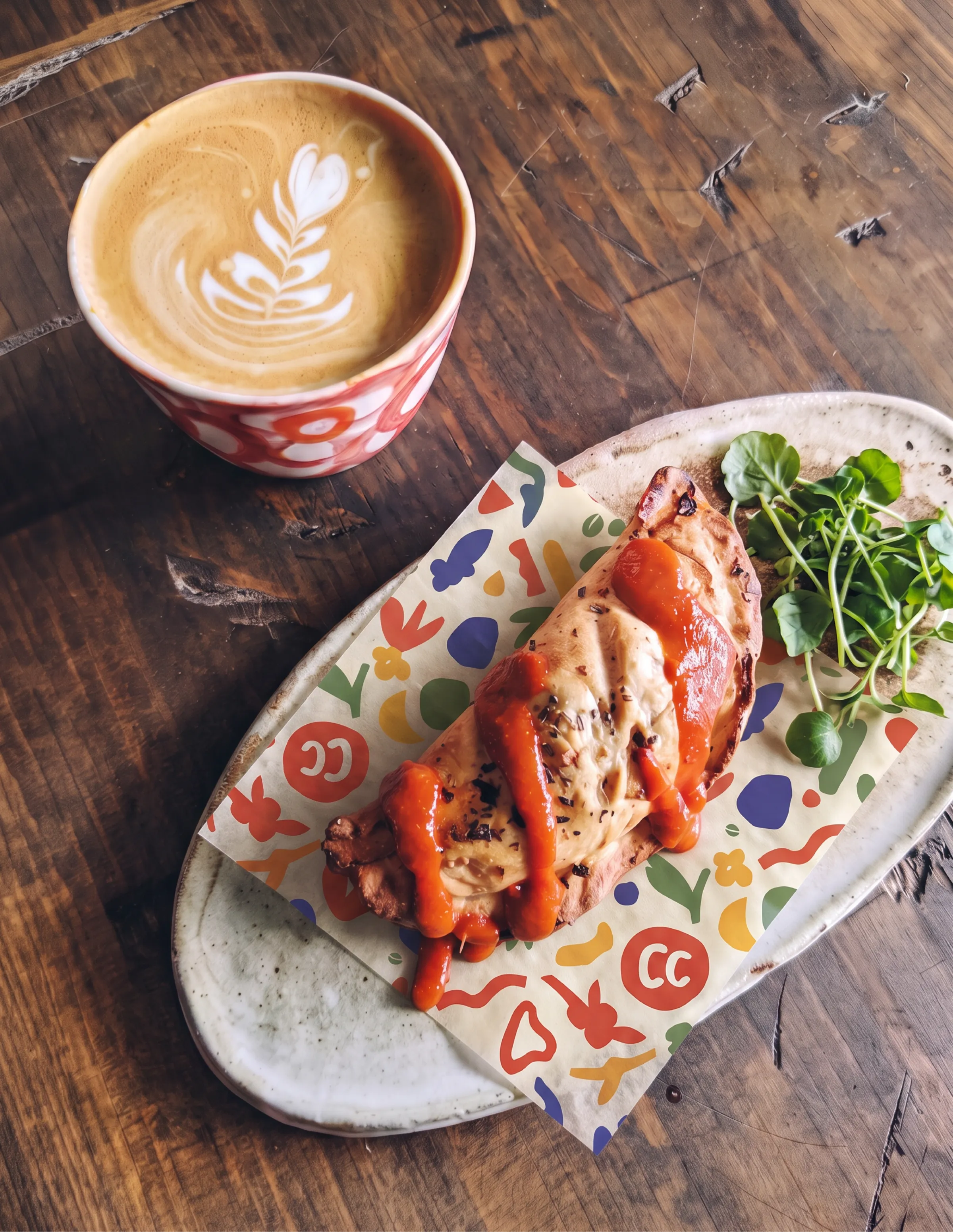 A latte and empanada on Coffee Creative's branded packaging paper