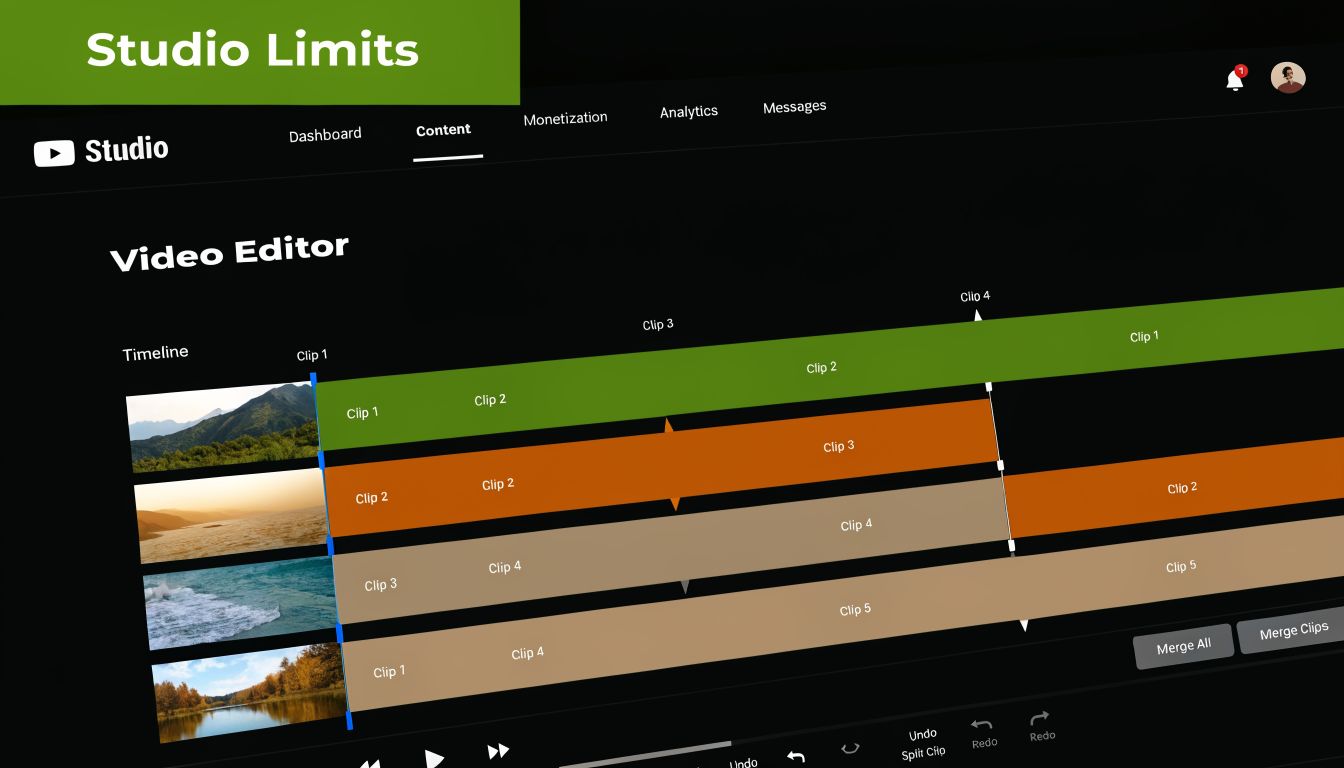 A digital representation of a YouTube Studio video editor interface featuring a timeline for merging video clips.