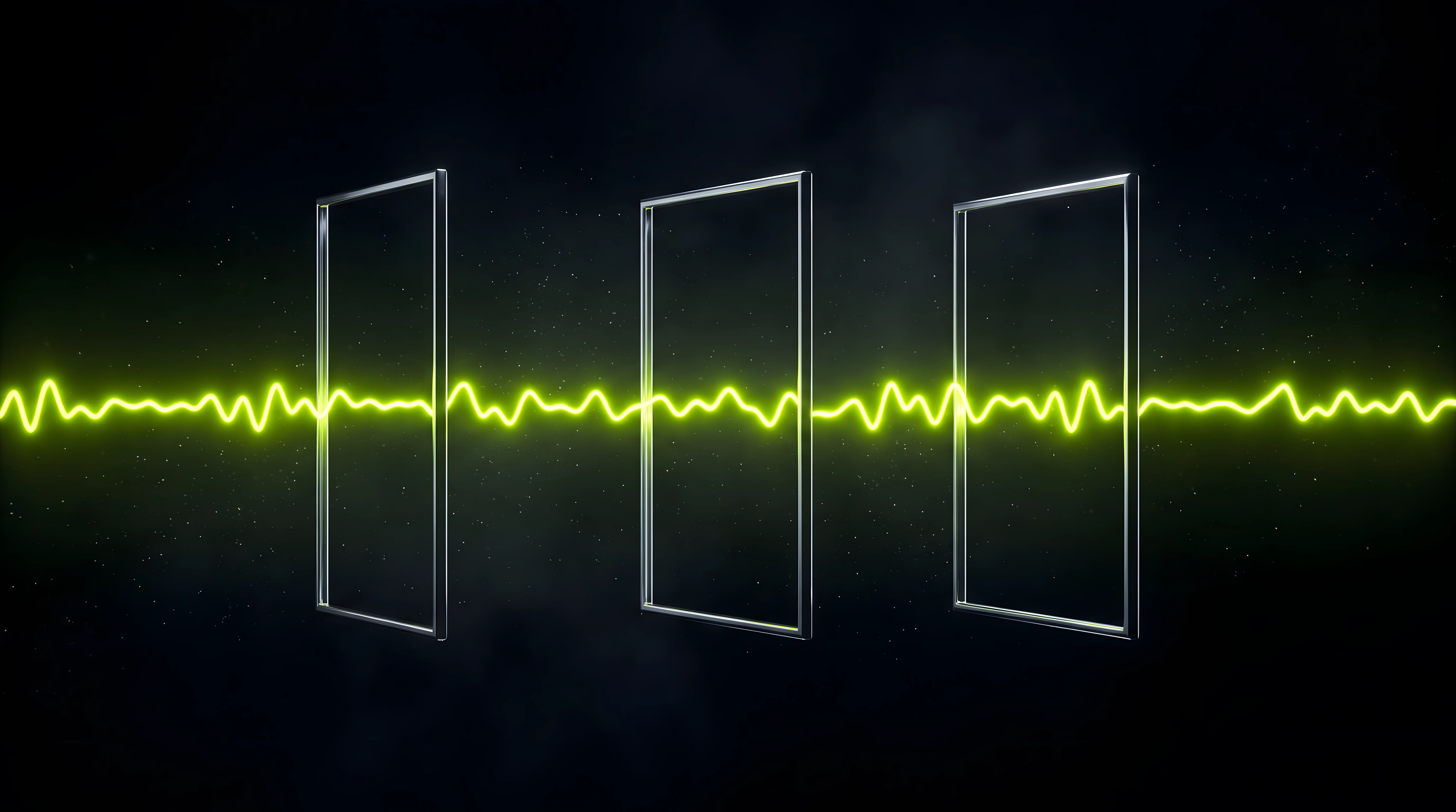 One unbroken toxic lime waveform thread running straight through three chrome doorway frames on deep void black, unchanged as it passes each one, representing audio that survives page navigation.