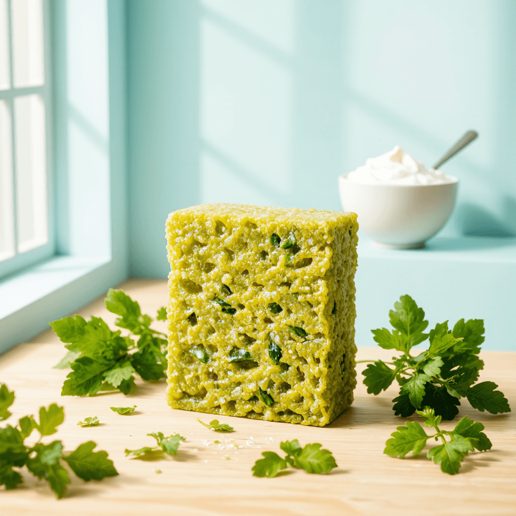 product photography of a block of green vegetable snack