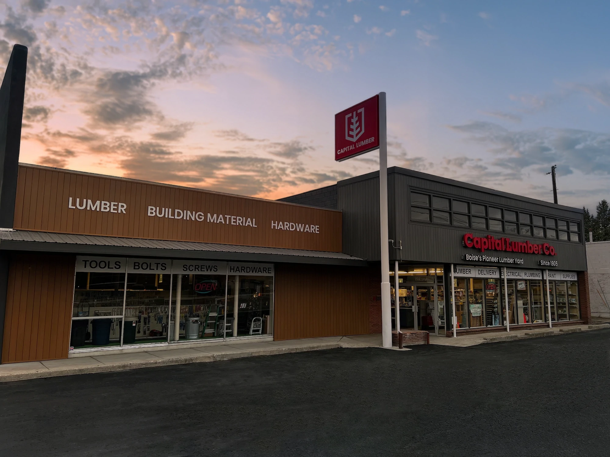 Exterior of Capital Lumber Co. in Boise, Idaho, at sunrise, showing the storefront.