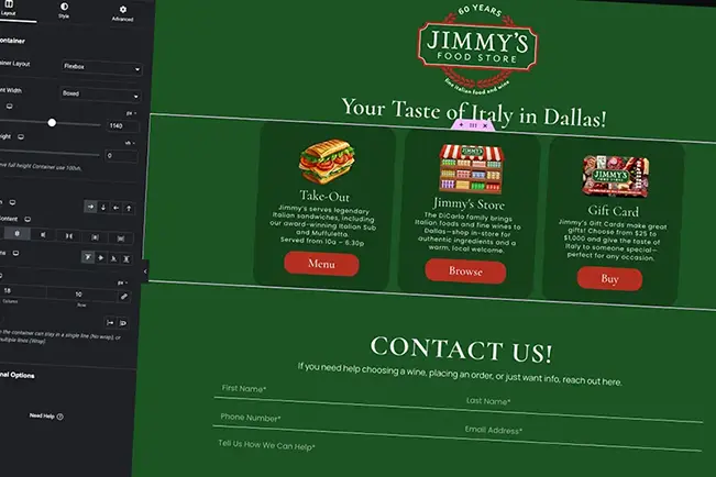 Custom website design for Jimmy’s Food Store featuring online ordering, gift cards, and contact information.