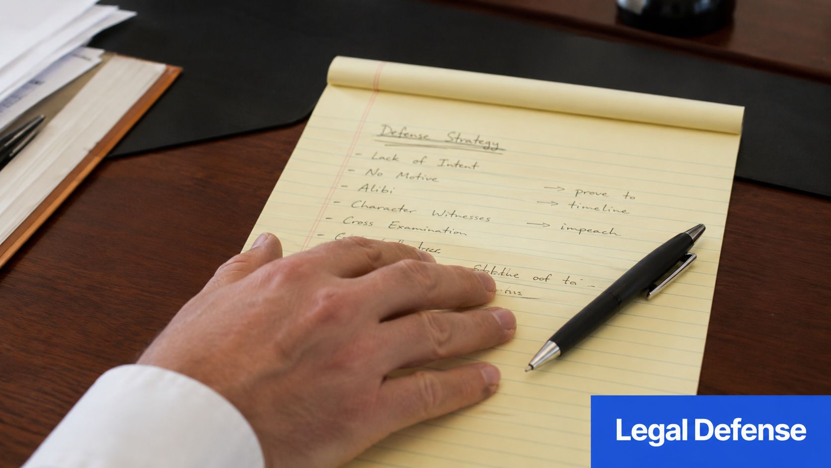 A person writing a defense strategy list on a yellow legal pad with a black pen.
