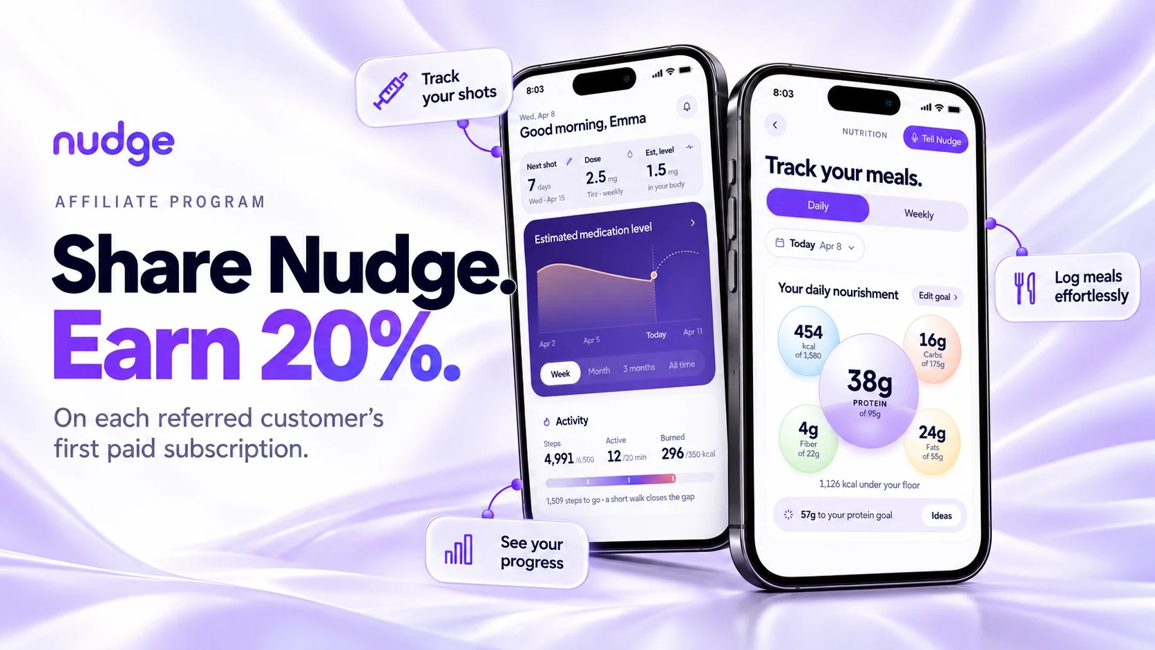 Nudge affiliate program. Share Nudge and earn 20% on each referred customer's first paid subscription.