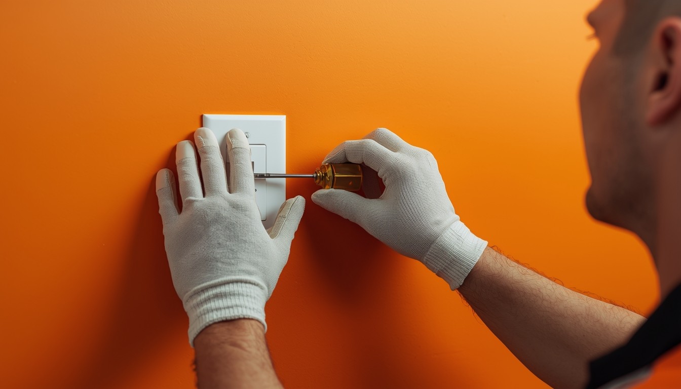 Gloved electrician using screwdriver to install wall light switch on orange wall