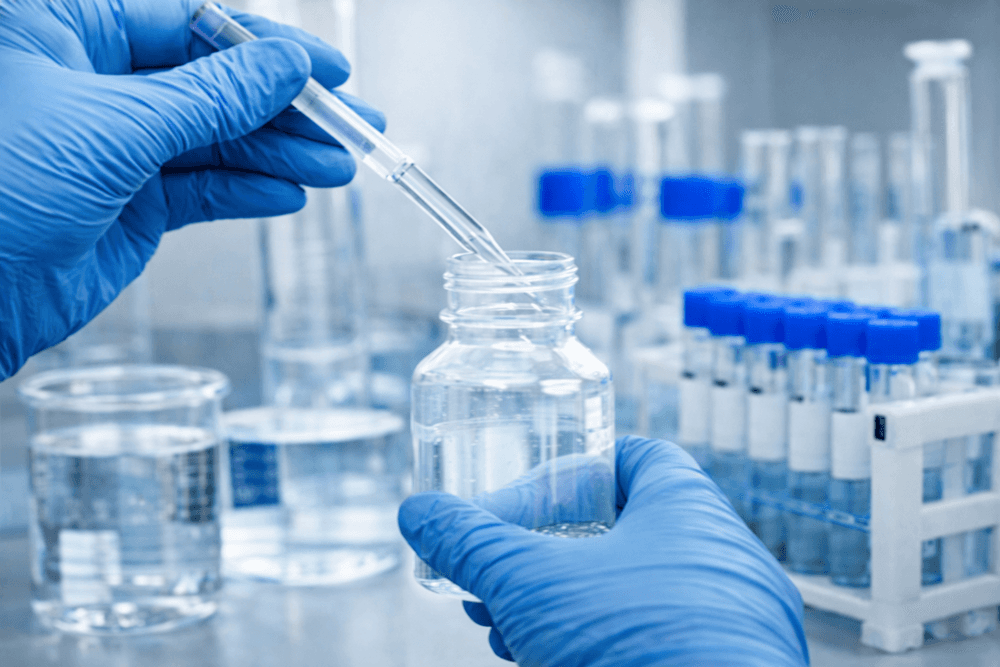 hands holding bottle and pipette