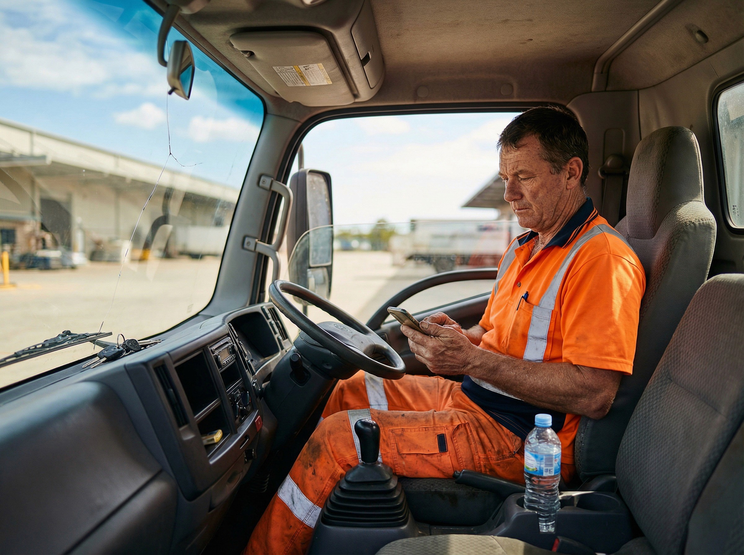 A logistics worker in his early 40s sitting alone in the cab of a parked delivery truck during a break, completing something on his phone. The truck is stationary with the engine off — keys visible on the dash, a water bottle in the cup holder, the driver's window slightly open. He is looking at the phone with the quiet focus of someone answering a series of questions honestly, in private, at his own pace. The phone screen is not visible.