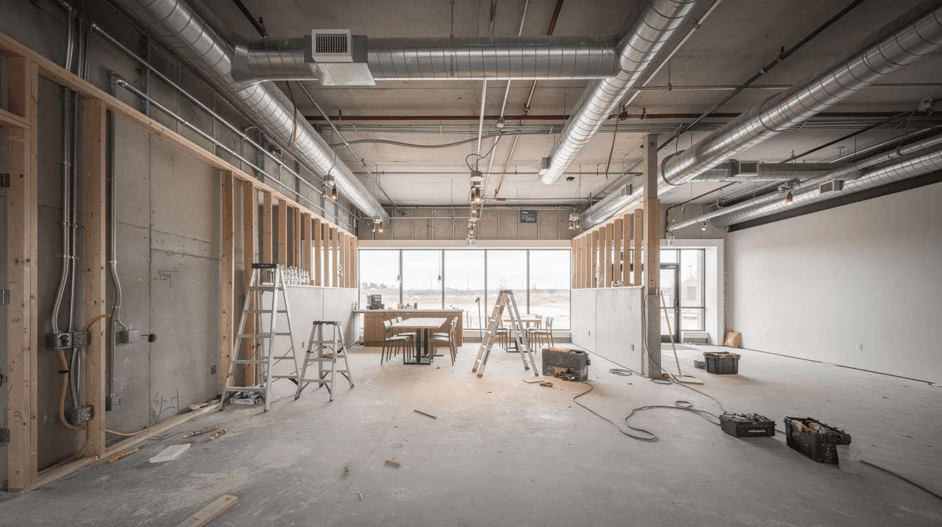 The image depicts a modern restaurant interior currently under construction, showcasing exposed ductwork, framing, and mechanical rough-ins, highlighting the quality craftsmanship and attention to detail typical in the residential construction industry. This scene reflects the commitment of industry professionals toward creating energy-efficient spaces that meet building codes and enhance the dining experience.