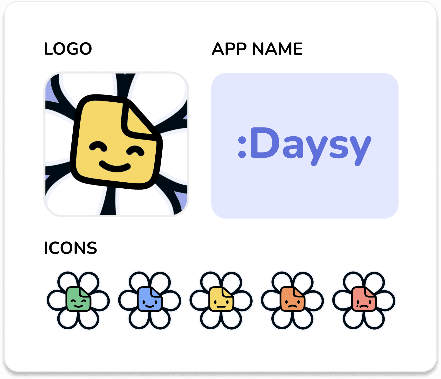 branding guide with the logo, app name, and icons are displayed. The logo is a yellow stickynote with a smile and white petals forming a daisy. the app name is :Daysy on a blue background and the icons are various colored stickynotes with different colored faces. the colors go green, blue, yellow, orange, and red ranging from very happy to upset