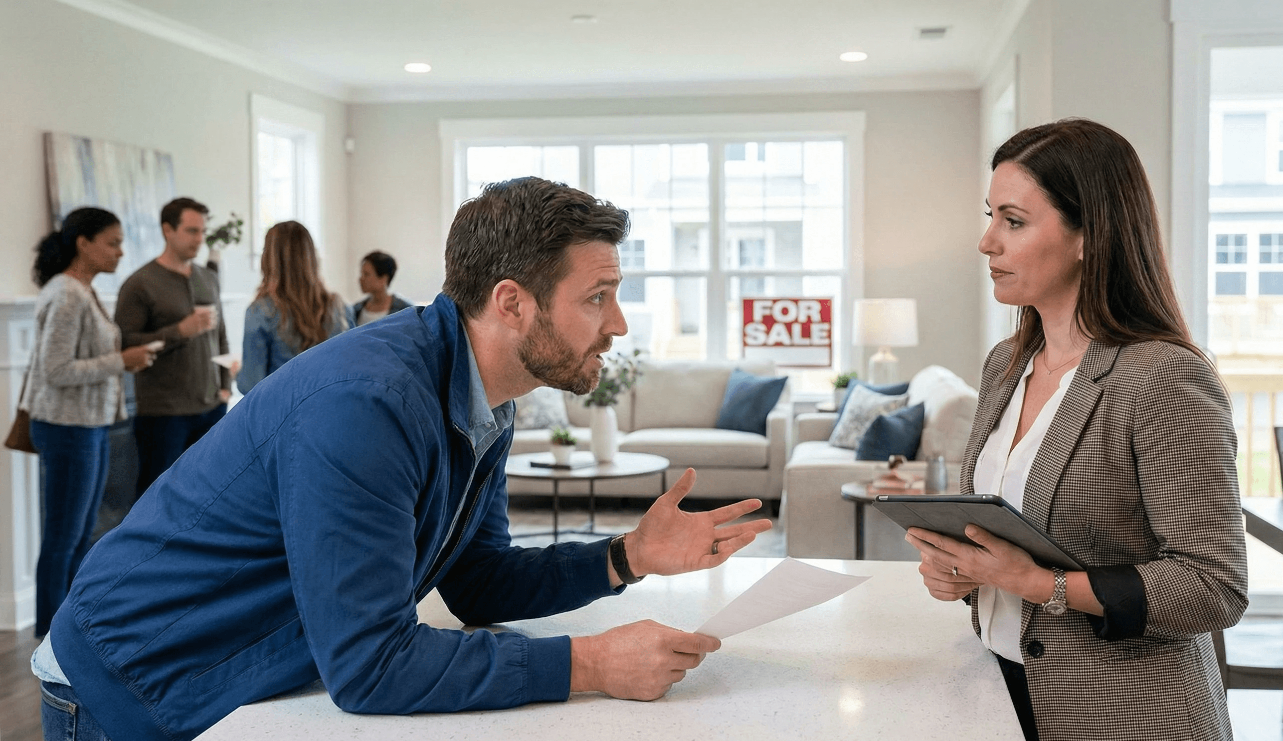 A home buyer attempting to negotiate a "deal" directly with the listing agent at a busy open house, illustrating the risky strategy of forgoing independent buyer representation.