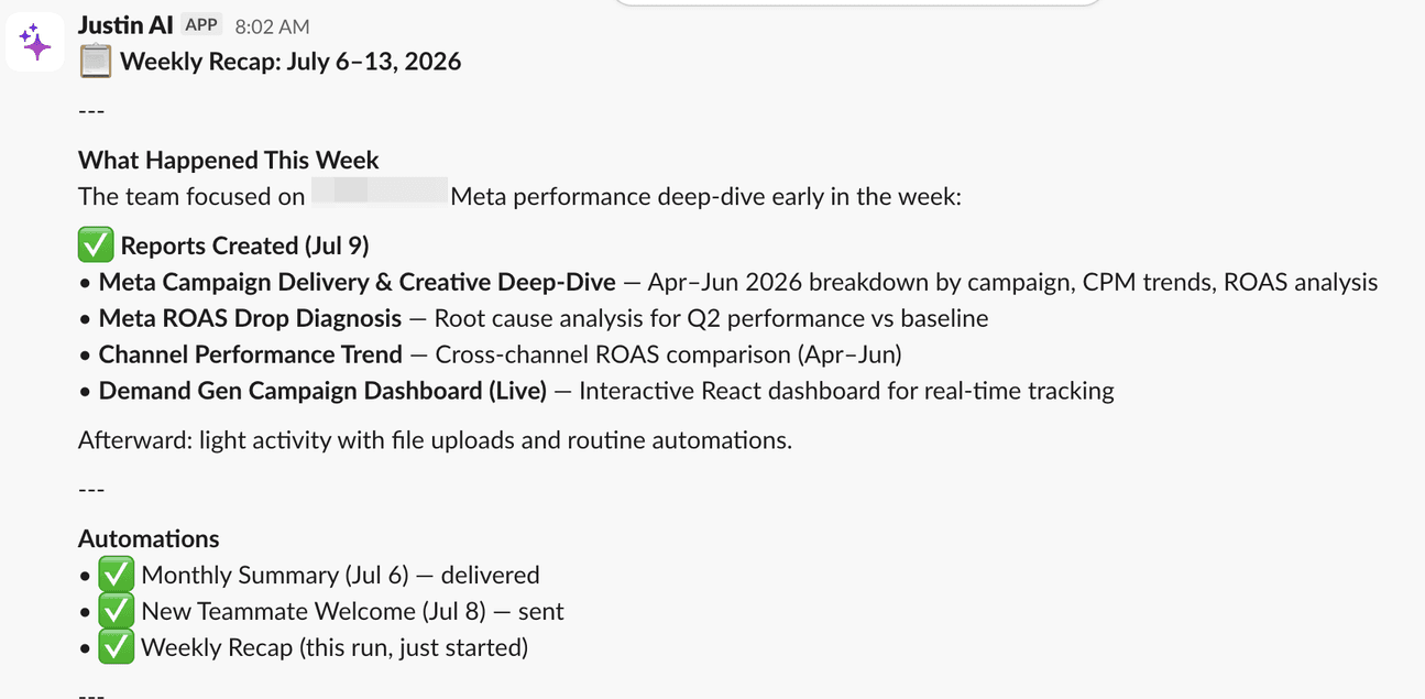 A weekly recap Justin AI posted into a Slack channel on its own schedule