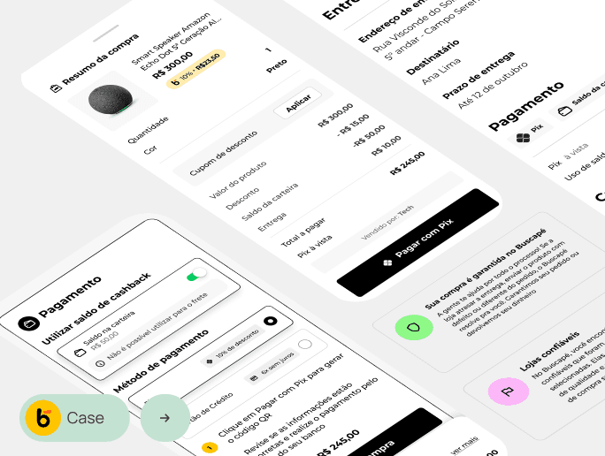Imagem das de algumas telas do novo projeto de checkout, nelas, podemos ver a nova seção de pagamentos, a modal de resumo da compra (com todos os valores listados) e pílulas explicativas sobre a confiabilidade do marketplace Buscapé.