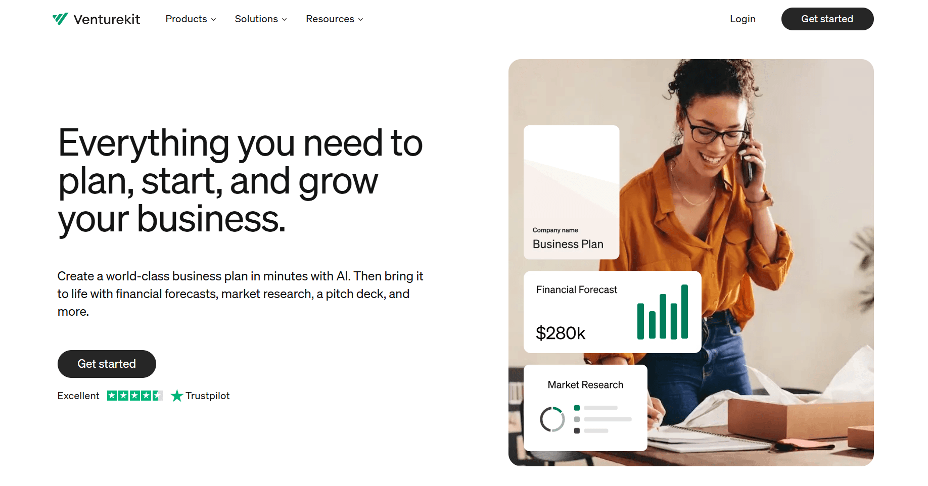 Homepage screenshot of Venturekit featuring the headline “Everything you need to plan, start, and grow your business,” with a get-started button, Trustpilot rating, and business planning feature cards.