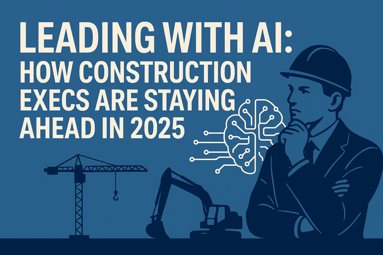Illustration of a construction executive in a hard hat thinking, with AI brain circuitry, crane, and excavator in the background, and bold text reading “Leading with AI How Construction Execs Are Staying Ahead in 2025.