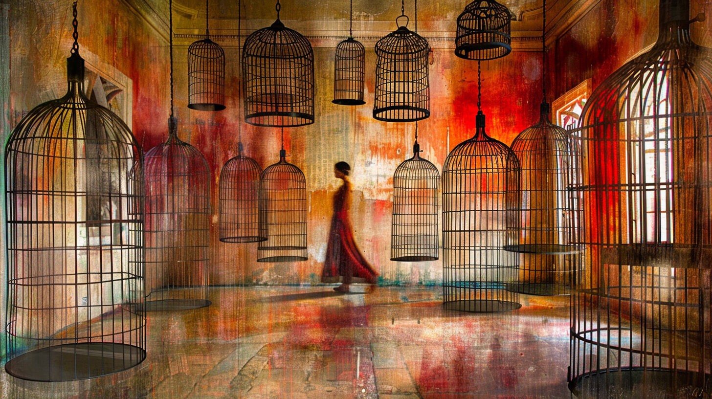 A powerful  woman surrounded by cages