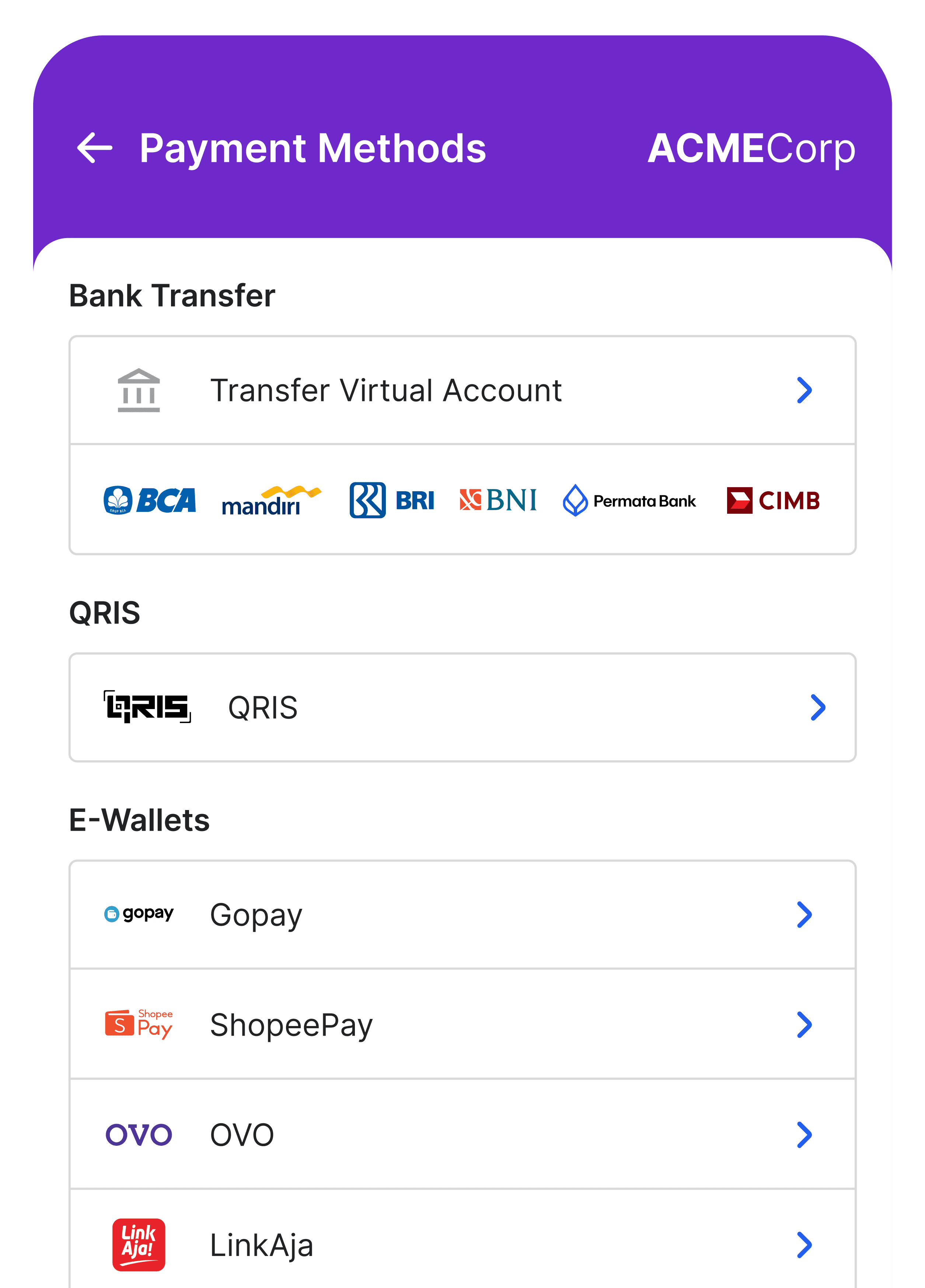 Durianpay checkout page showing various payment methods including QRIS, e-wallets, virtual accounts, debit or credit cards, pay later, and over-the-counter payment