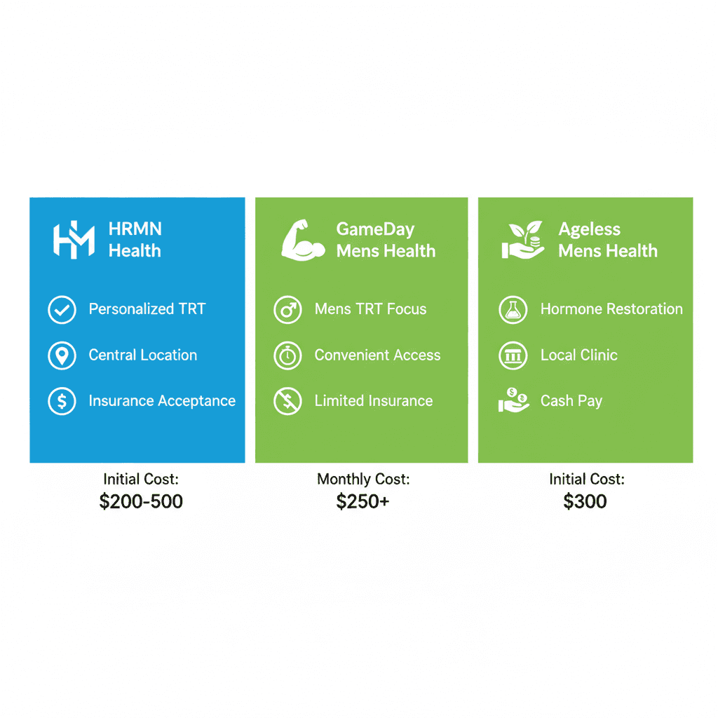 Infographic comparing three TRT clinics in Meridian, Idaho: HRMN Health in blue with personalized services and costs, GameDay Men's Health and Ageless Men's Health in green highlighting features and pricing.