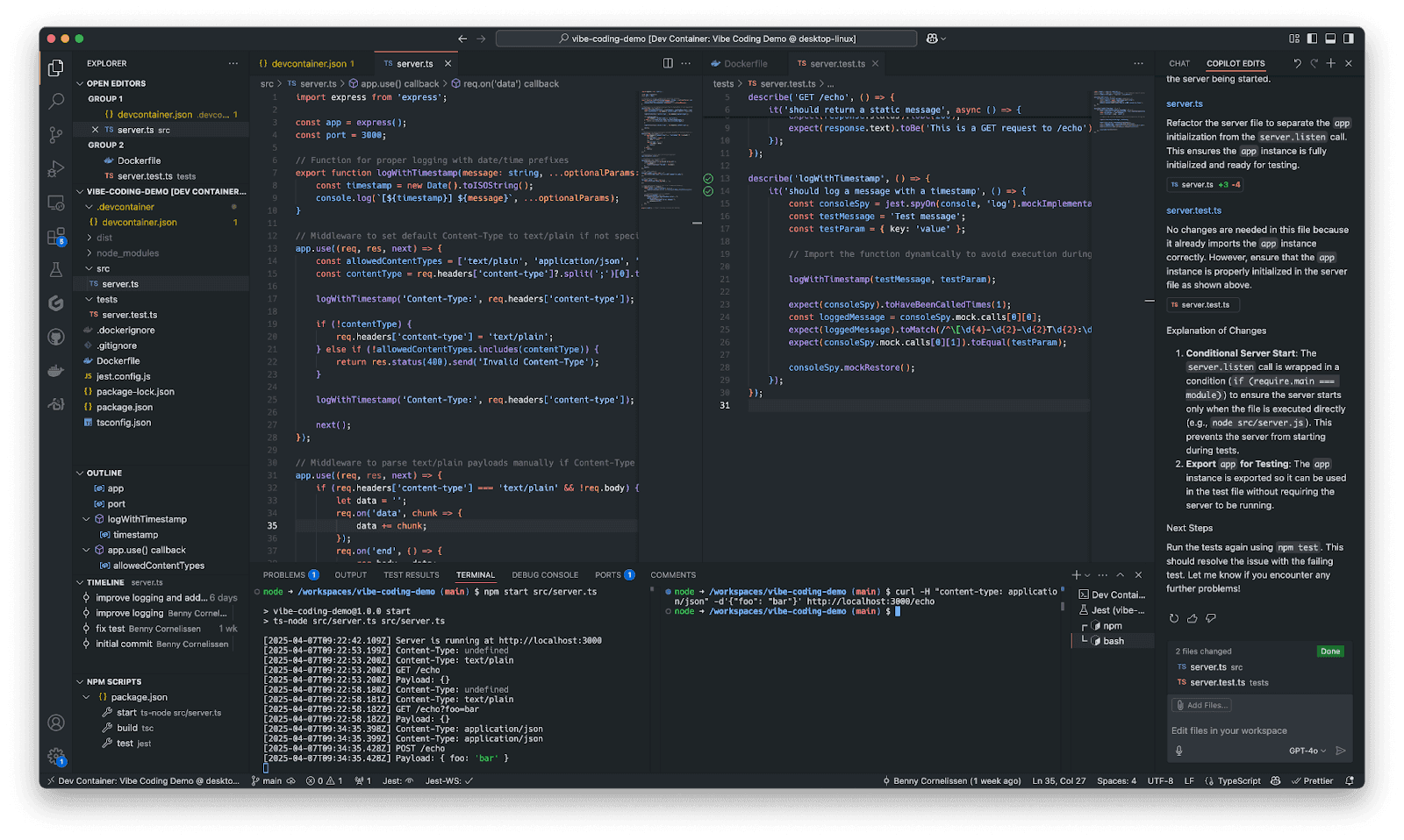 VSCode editor with CoPilot session for my test project
