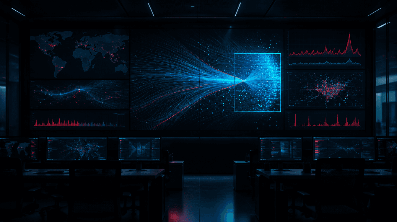 Dark security operations wall of screens showing abstract data streams