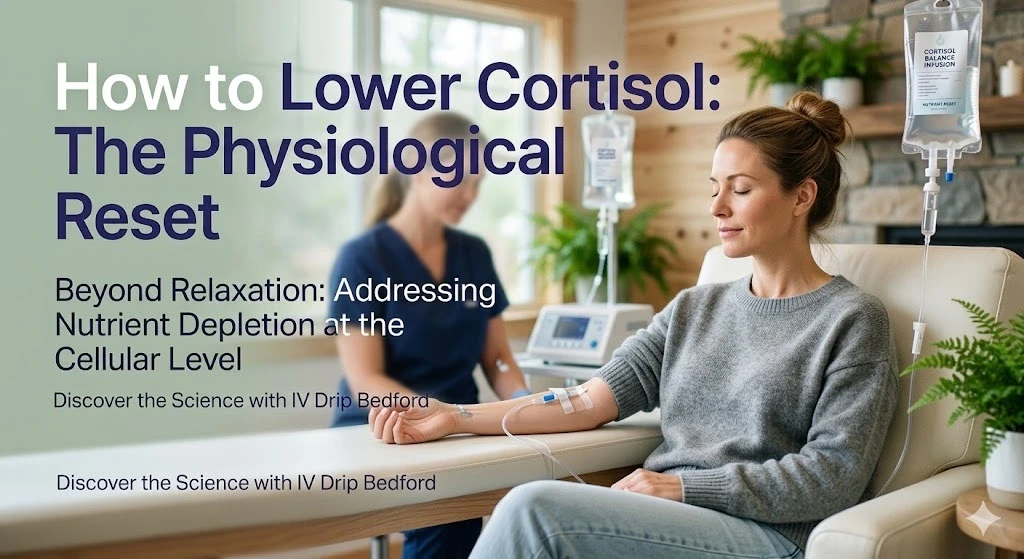 A calm woman receiving an IV therapy treatment in a relaxing Bedford clinic setting, illustrating a physiological reset to lower cortisol and manage stress.