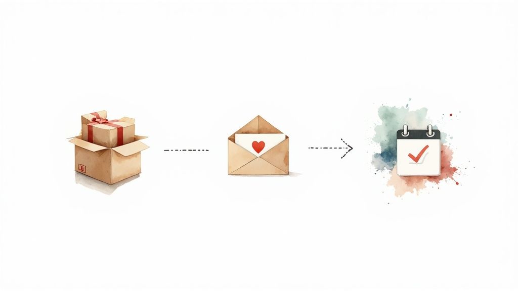 A watercolor illustration depicting a sequence: a gift box, an envelope with a heart, and a calendar with a checkmark.