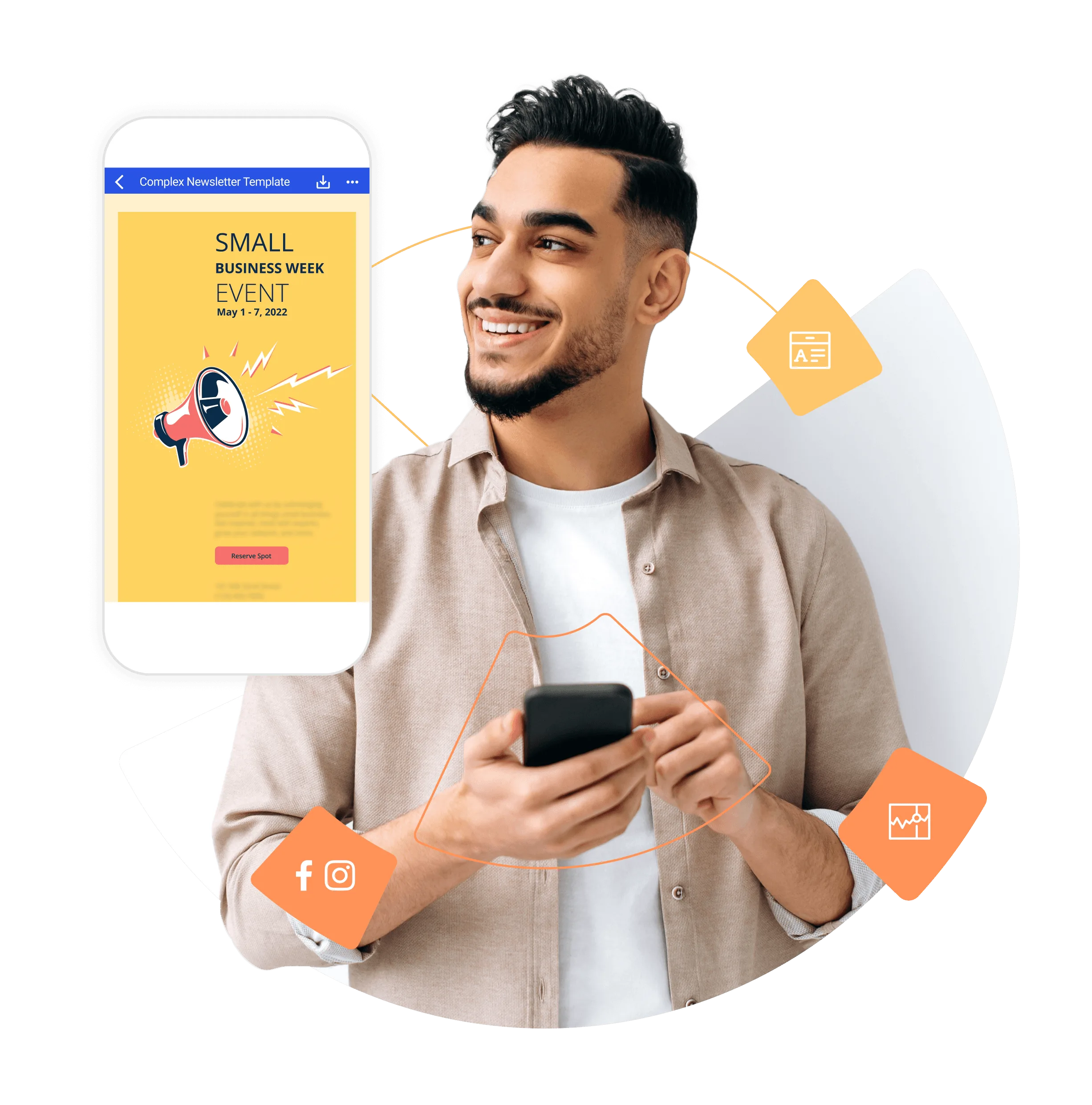 Image of young man holding a phone surrounded by marketing related graphic elements.
