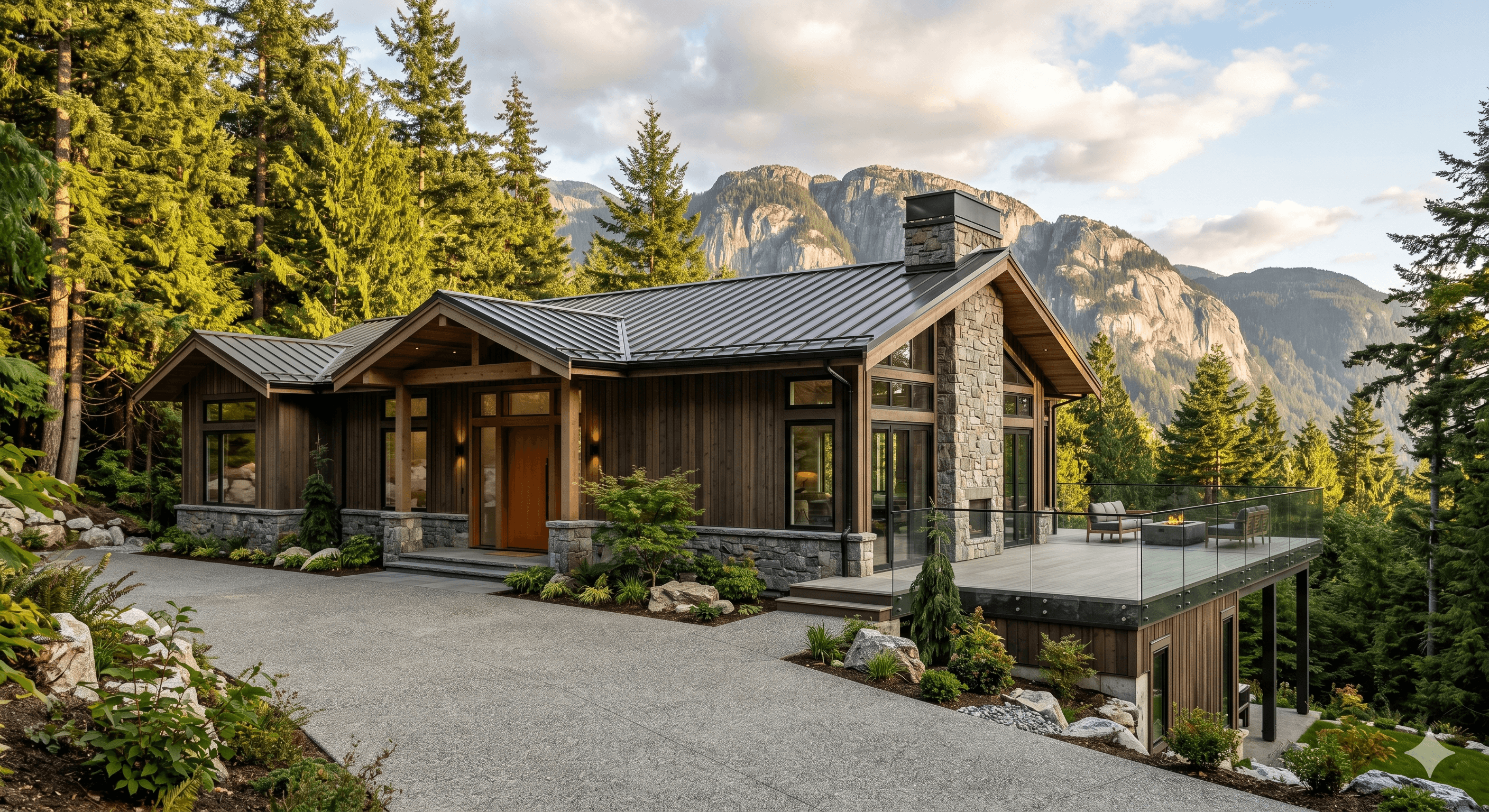 Contemporary Squamish mountain home featuring frameless glass railings by Tenmar.