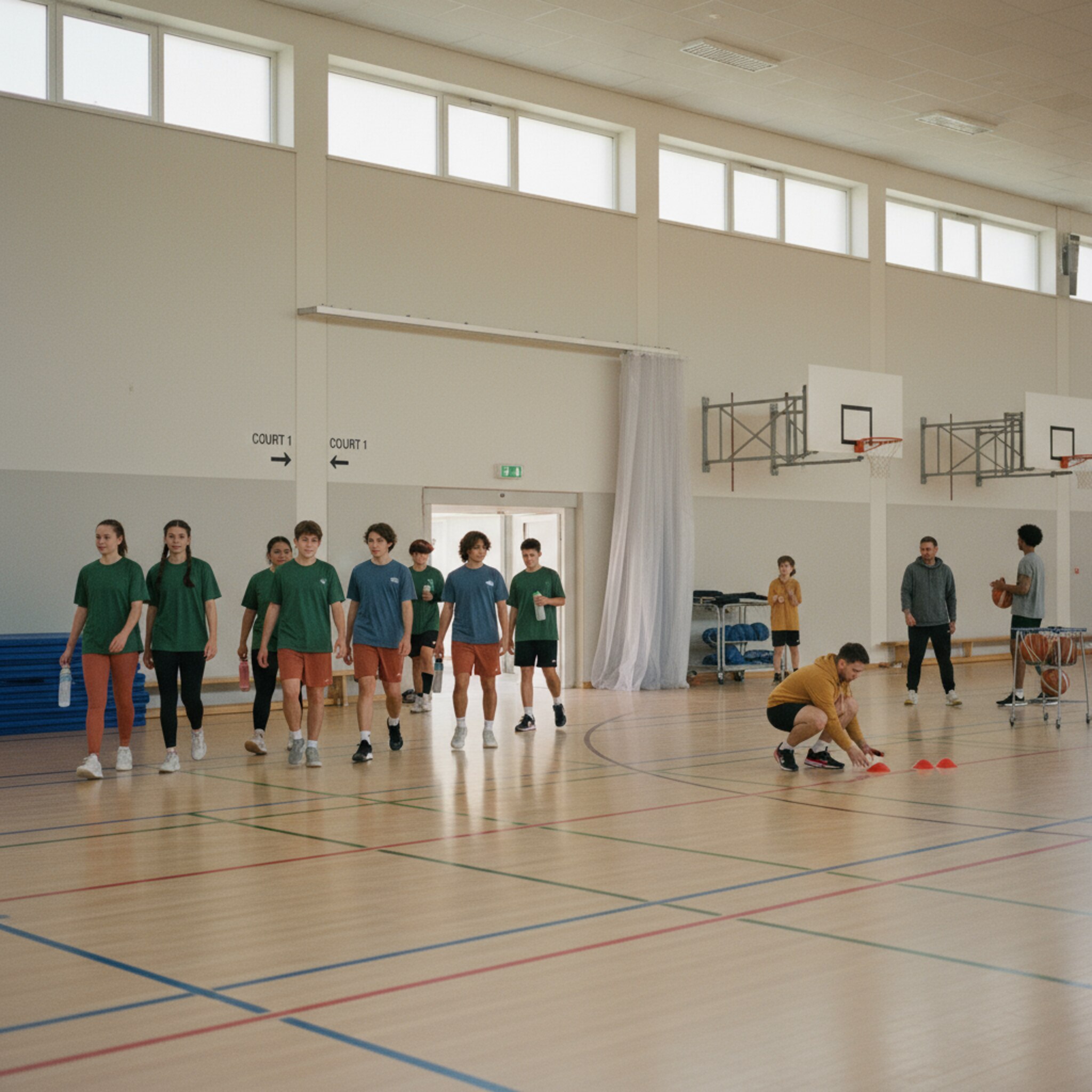 Eine Sporthalle im Wechsel zwischen zwei Gruppen: Die einen verlassen geordnet das Feld, die nächsten stellen Körbe und Markierungen passend ein. Ein Trennvorhang gleitet zur Seite. Alles greift ineinander, als seien Zeiten und Teilflächen präzise aufeinander abgestimmt.