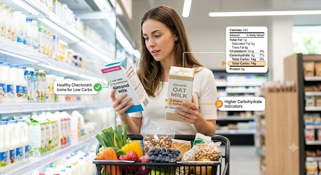 A woman compares nutrition labels on Unsweetened Almond Milk and Generic Oat Milk in a grocery store aisle, with text overlays showing a "Total Carbs" comparison and highlighting checkmarks for low carbs. Her shopping cart is full of fresh produce and nuts.